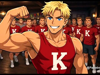 The Bet - Frat Captains Arm-Wrestling Wager, Loser Strapped To The Basement Bench (2D Anime Bara)