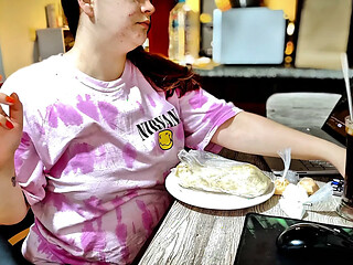 Full-bodied Nicole shows off her stuffed belly after a big burrito