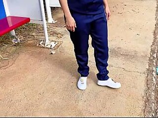 Nurse BBC gives a dirty BJ at the bus stop