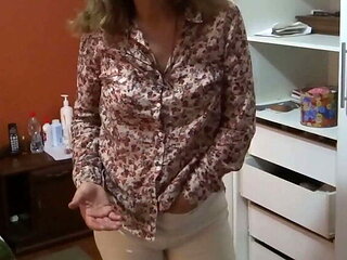 Stepmom in lingerie shows off her big ass and hairy pussy for stepson to jerk off and cum