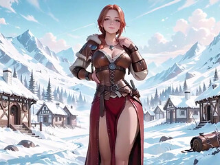 From Snowy Armor to Bedroom Sunset, She Sits Bare-chested with Arms Crossed, Eyes Hazy and Shy.