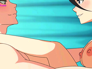 Rukia Rides Ichigo's Lap On His Bed While Her Small Tits Bounce And She Moans His Name