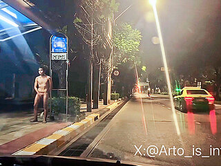 Naked at the bus stop in Bangkok, fucking exposed, jerking off for everyone to see. Master's orders filming me for public shame.