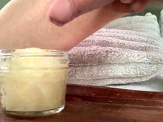 Fillingup jar with cum for wifey to swallow