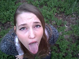 Hottie with a big cock gives a deepthroat blowjob in the forest