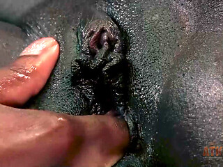 Kay Love Dark-Skinned Babe Lubes Shaved Twat and Rubs to Orgasm with Vibrator