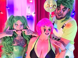 Bonnie Rose in an LED tutu takes doggy with a green-shirt grip