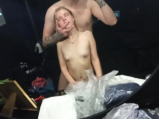 18 yo teen First time fuck in a Mall little skiny student