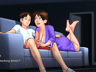 Horny landlady gives a hot blowjob and footjob while he rubs his cock.