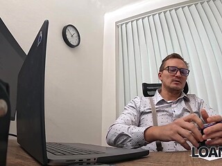 Lucky guy gets wild sex on the desk from a hot redhead over a loan