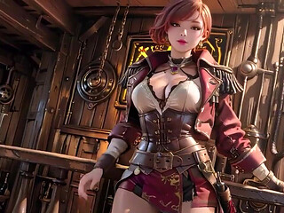Redhead Pirate Captain! Playing with Her Cutlass in a Vintage Ship Cabin.