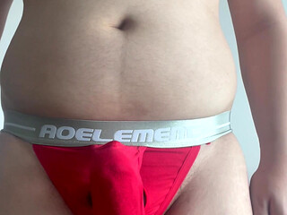 Seductive Accentuating Bulge Red Briefs TryOn Leads to Massive Cumshot