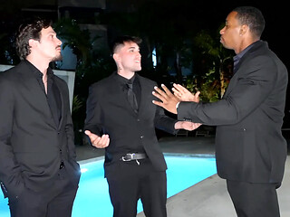 Three men take on one hot teen girl at wild pool party