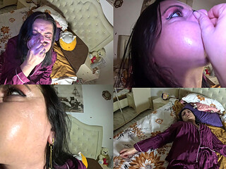 MILF Breath Holding in Satin. Puffy Cheeks Red Face and Intense Close Ups