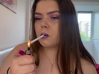 Smoking Cigarettes with Purple Make-up and Lipstick