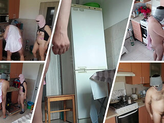 Hot amateur couple having fun in the kitchen. Sexy mom has breakfast in the bedroom, hairy pussy, big tits, big ass.