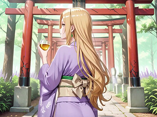 Blonde in Lavender! Kneeling Barefoot Under the Red Torii Gate, Her Andouf Fluttering in the Breeze