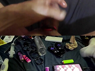 Masterbating with Cock Rings in Two Screens