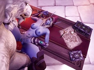 Werewolf fucks Night Elf on a table