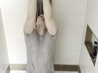 Slave tied in shower with very hot water