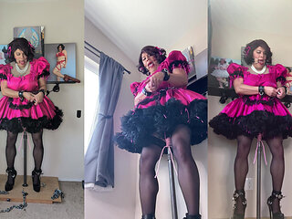 Pink Sissy Maid Candy Is Locked Onto Her Dildo Stand and Rides Her Pole