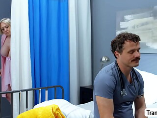 MILF Patient masturbates and fucked by TS and doctor