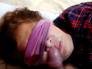 My stepson greets me with a huge load all over my mouth and face, a full load of cum.