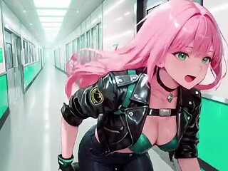 Rosy-Haired Leather Tech! Intimate vibrates in a neon-lit cyber corridor.