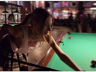 Braless Tits And Pussy Exposed At The Pool Hall!