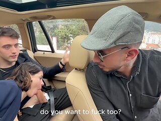 Busty latina and her bf were making out in the taxi and invited a driver to join them