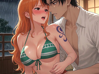 Nami is a slut, she heats her best friend until she eats his big cock and swallows his milk - AI-generated content