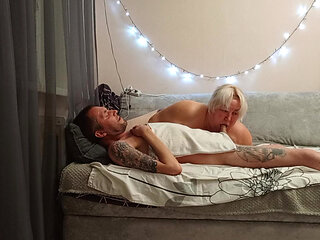 neighbor makes a deep blowjob and swallows cum