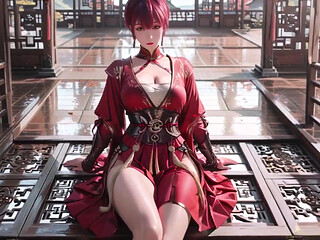Purple-haired War Maiden in High-slit Kimono, Kneeling to Tease Your Eyes with a Fiery Gaze and a Wet, Forbidden Whisper.