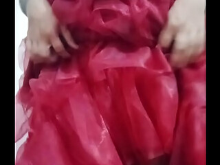 Indian gay Crossdresser Bottom pressing and playing with her big boobs in red gown real homemade sex