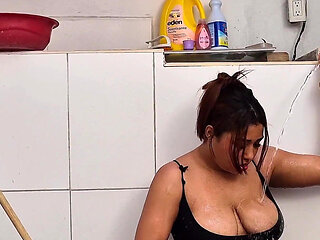 I'm Your Cleaning Whore and You'll See My Big Tits While I Clean the House.