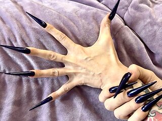 Dark Blue Long Nails, Sharp Stilettos, Long Fingers and Palms Wide