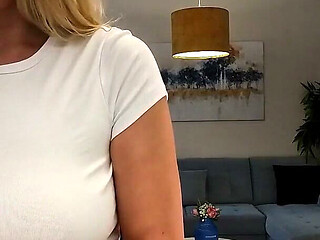 Thick Calves Braless Big Tits All Natural Blonde Wife in the Kitchen Showing Her Panties Under Her Miniskirt