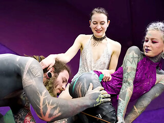 Heavy TATTOOED sub played with and PEGGED by 2 dominas