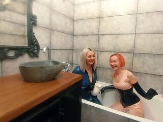 Bath Relax in Latex Rubber with Milk, Romantic Funny Fetish Video
