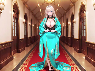 Blonde in a Green Kimono! Lazy Terrace Reading, off-shoulder Design Is Too Sinful!