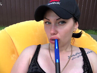Hookah smoking outdoor & big lips tease