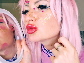 Kissing yourself in the mirror. Kissing fetish, lip fetish, lipstick fetish.