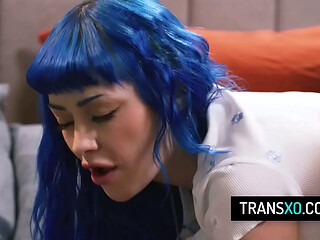 Blue-Haired Babe Getting Double Fucked by Trans Couple