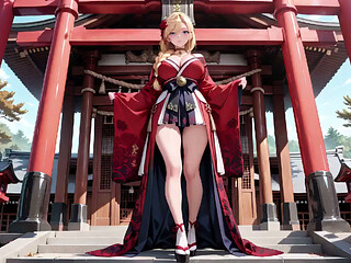 Red & Black Miko! Forbidden Shrine Prayer, High-Slit Hakama Exposure, Golden Goddess's Wet Gaze!