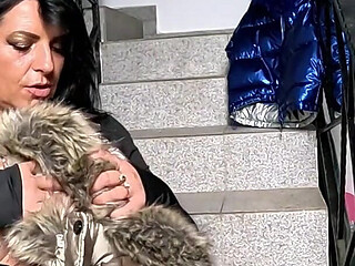 Dominant MILF Fur Hooded Downjacket Masturbation. Spandex Cameltoe, Smoking and Orgasm