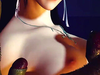 3D Cute Skinny Asian Slut Have Threesome Sex with Two Big Cock Monsters