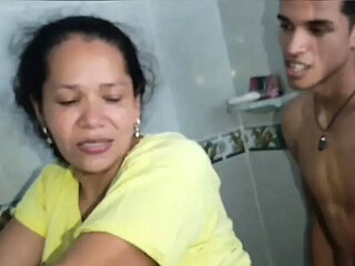 Stepmom Fucks Stepdaughter's Boyfriend in Bathroom - Big Cock MILF Sex