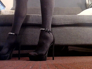Black Ankle Strap High Heels and Pantyhose Walk
