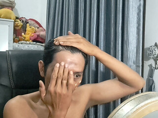 Exotic skinned asian adult male reaction watching jav movie