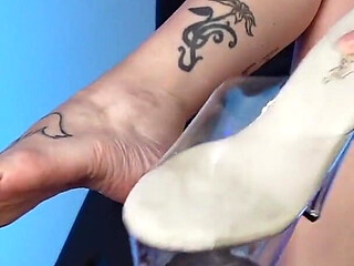 Clear Heels Worship Foot Dangle Fetish Long Toes High Arches with Crossed Legs